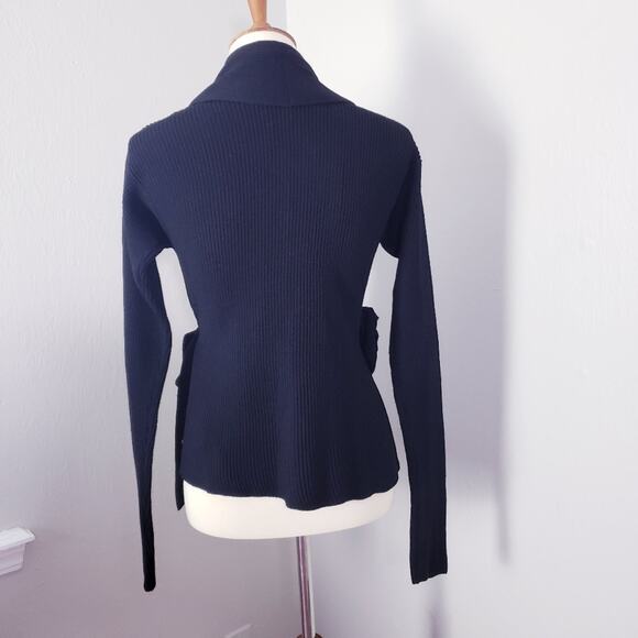 Sonia Rykiel Black Ribbed Wool Blend Knit Floral Ruffled Wrap Cardigan Sweater - Picture 13 of 13